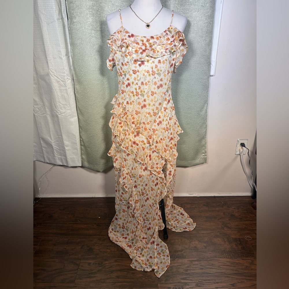 Forever 21 Floral Ruffled Maxi Dress - Cream with Orange Floral